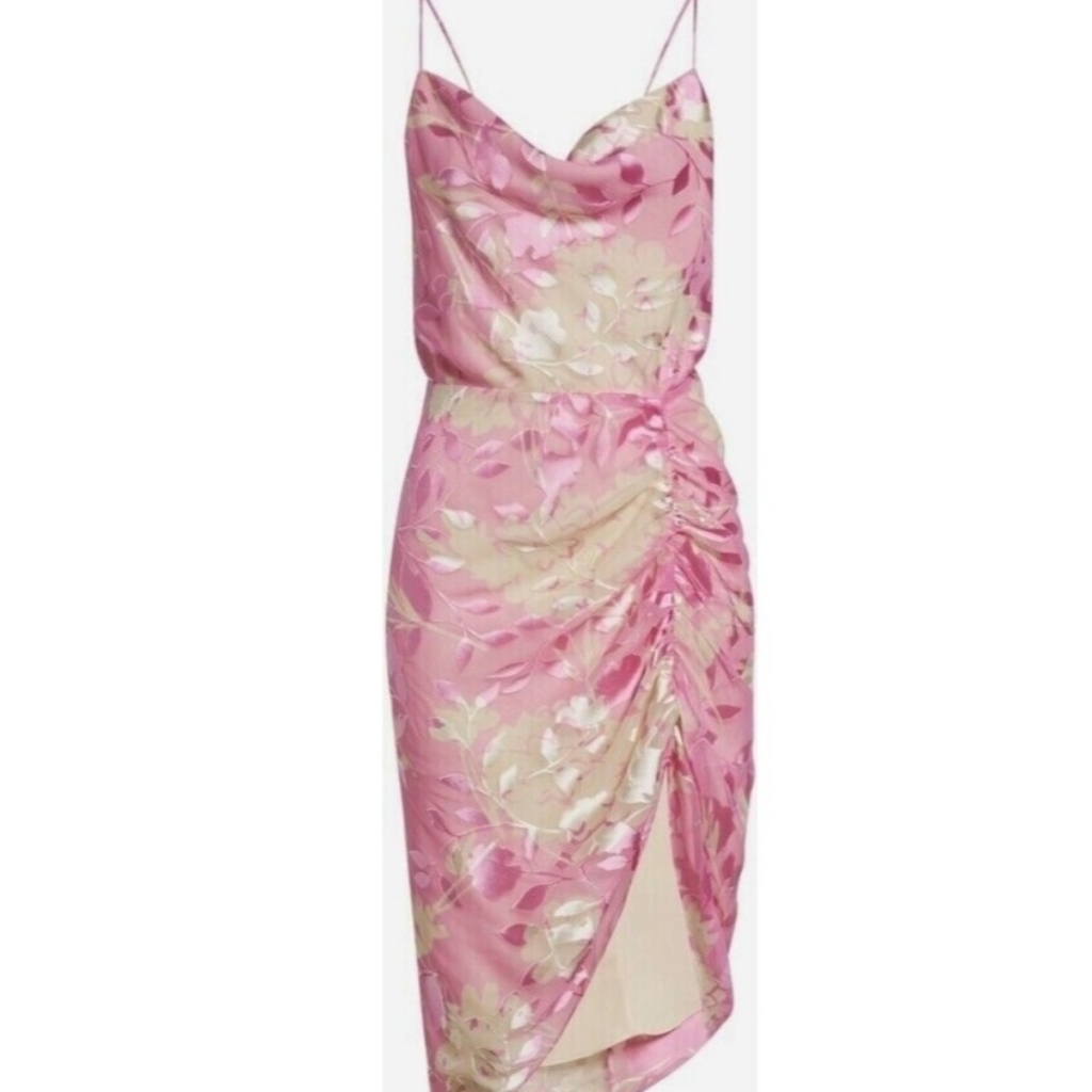 Samsoe Samsoe Pink Kirigami Floral Dapples Ruched Satin Burnout Dress